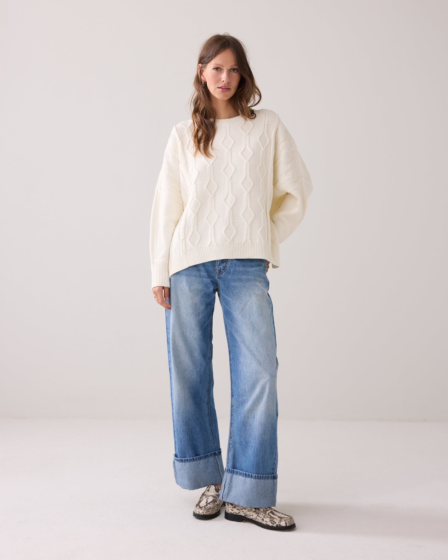 Boxy Pullover mit Zopfmuster 100 % Baumwolle