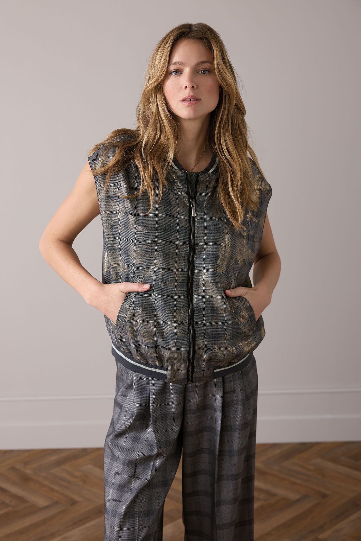 Bomber gilet with plaid and foil print