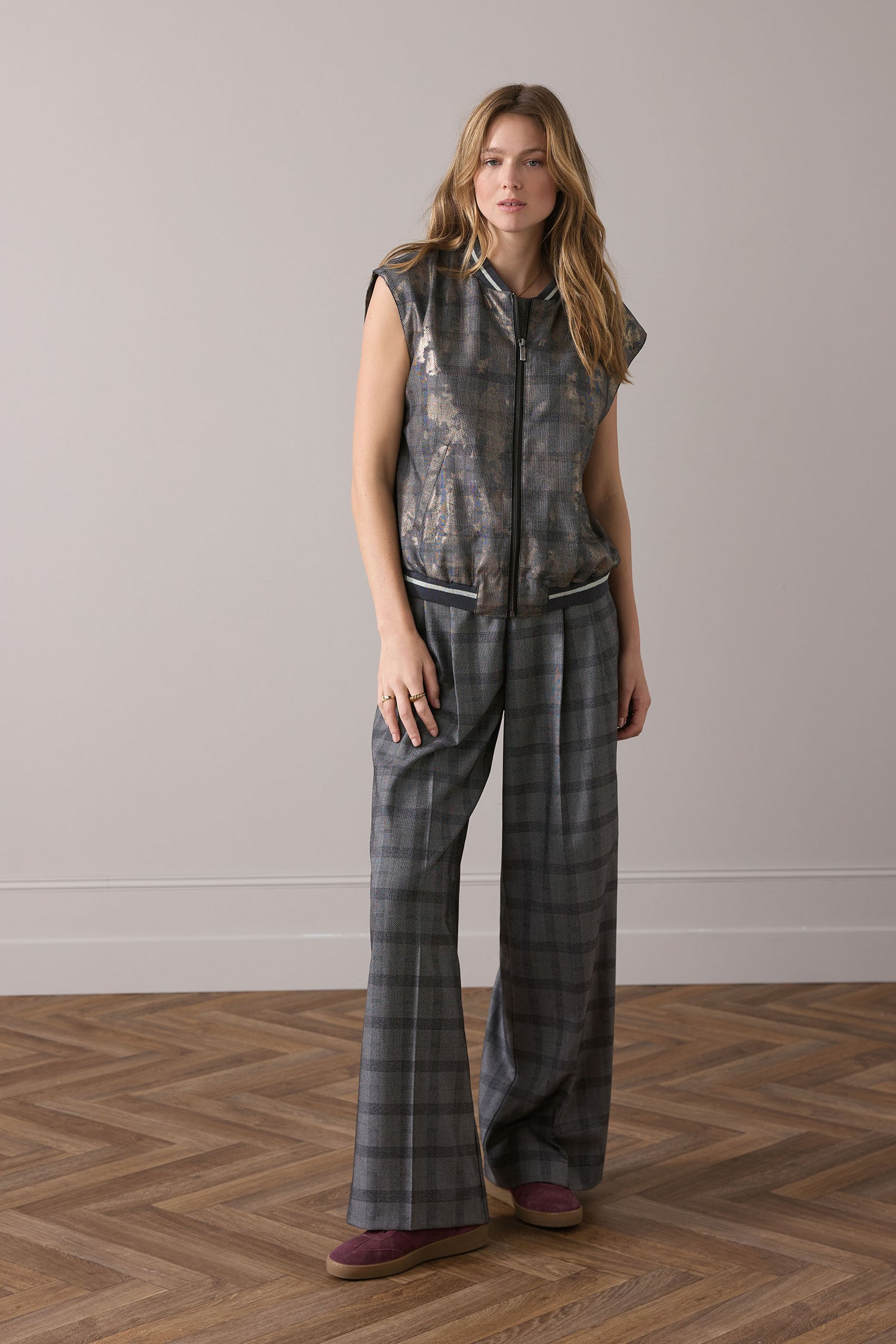 Bomber gilet with plaid and foil print