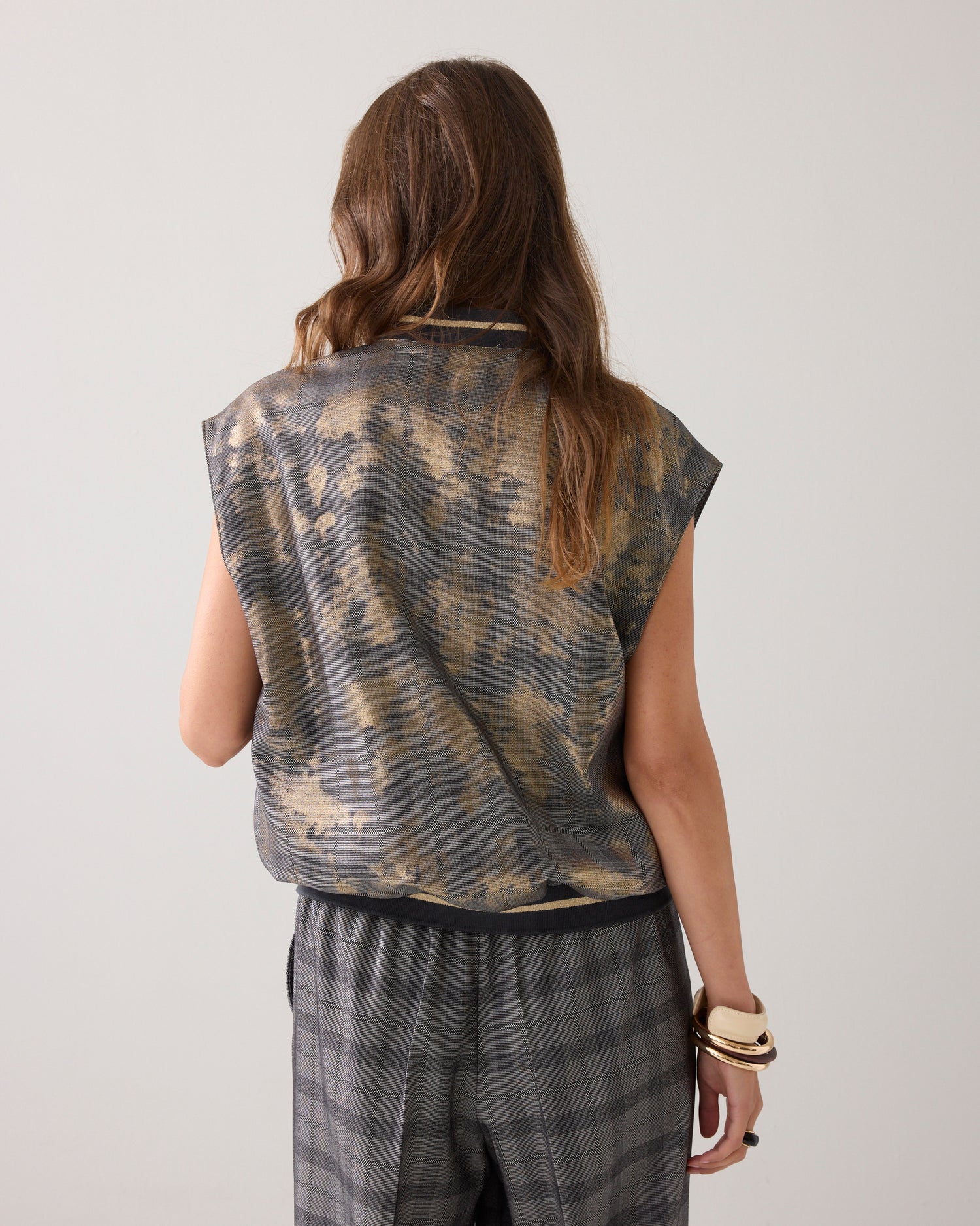 Bomber gilet with plaid and foil print