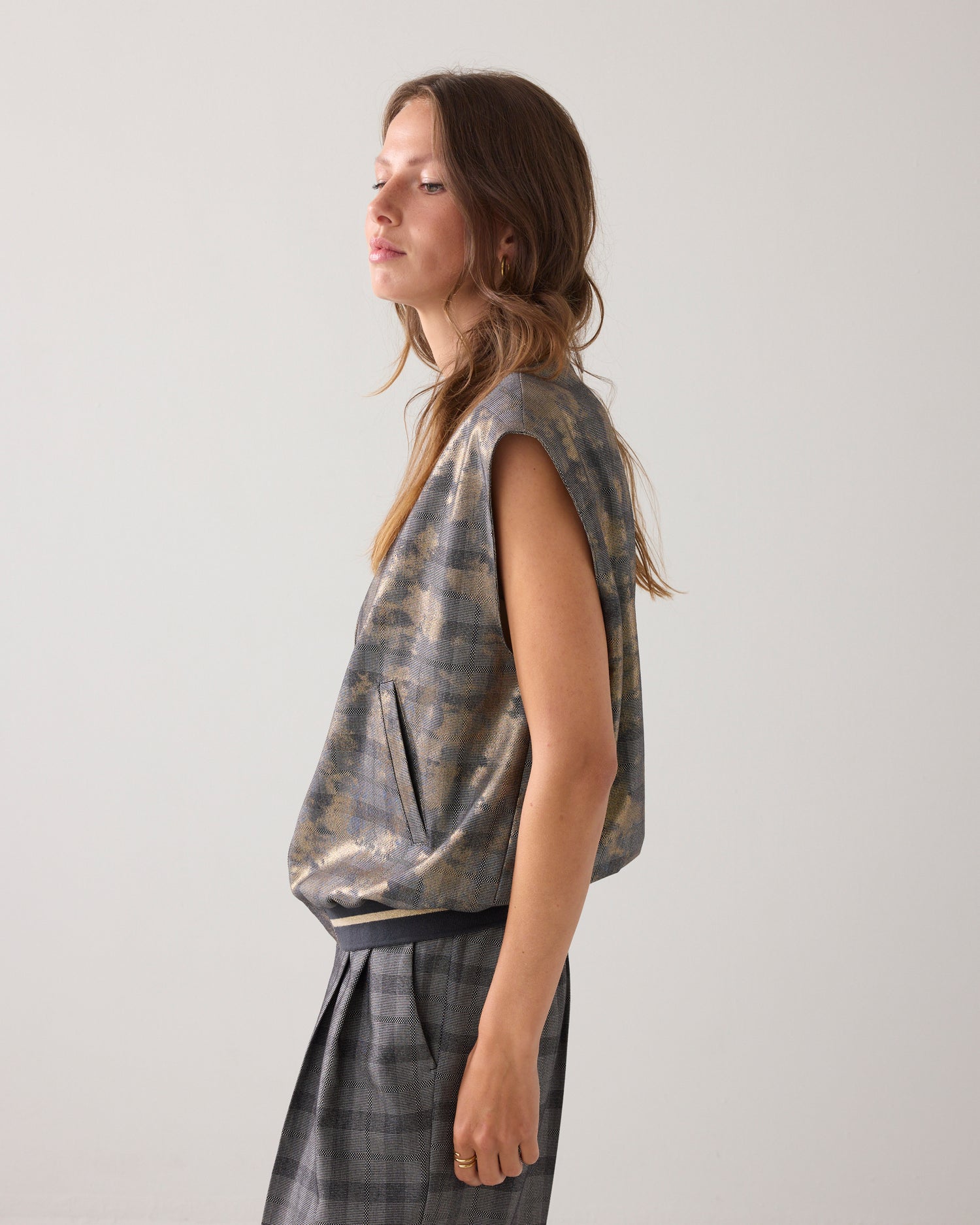 Bomber gilet with plaid and foil print