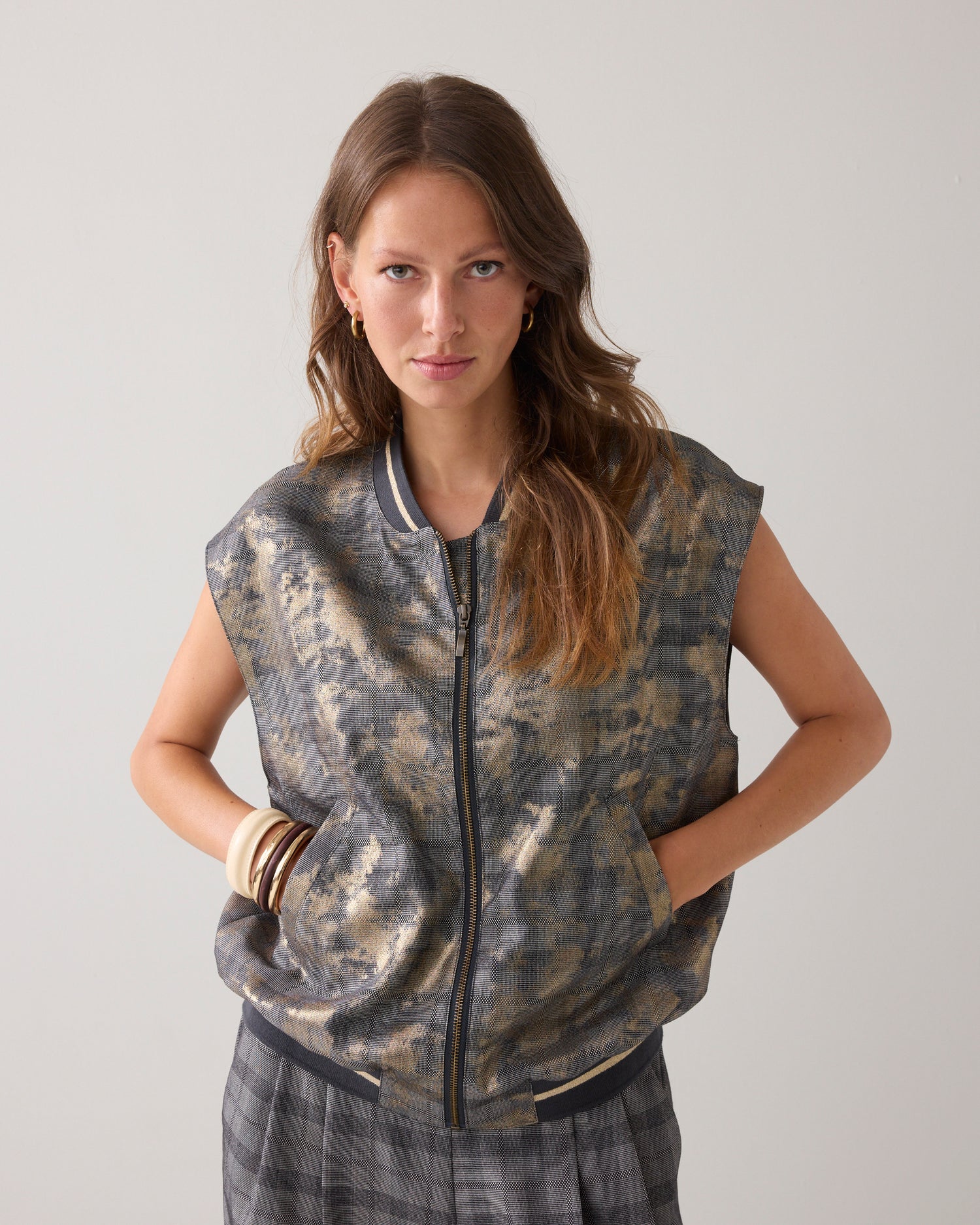 Bomber gilet with plaid and foil print